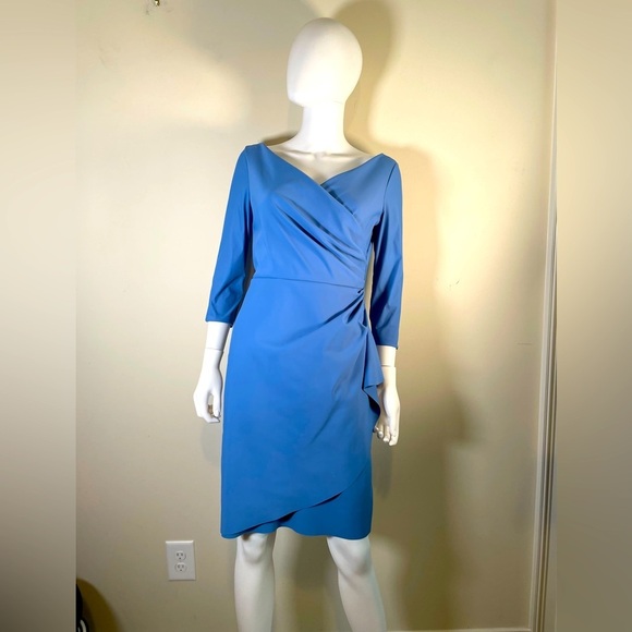 Alex Evenings V-Neck 3/4 Sleeve Compression Ruched Faux Wrap Sheath Dress Blue - Picture 2 of 13